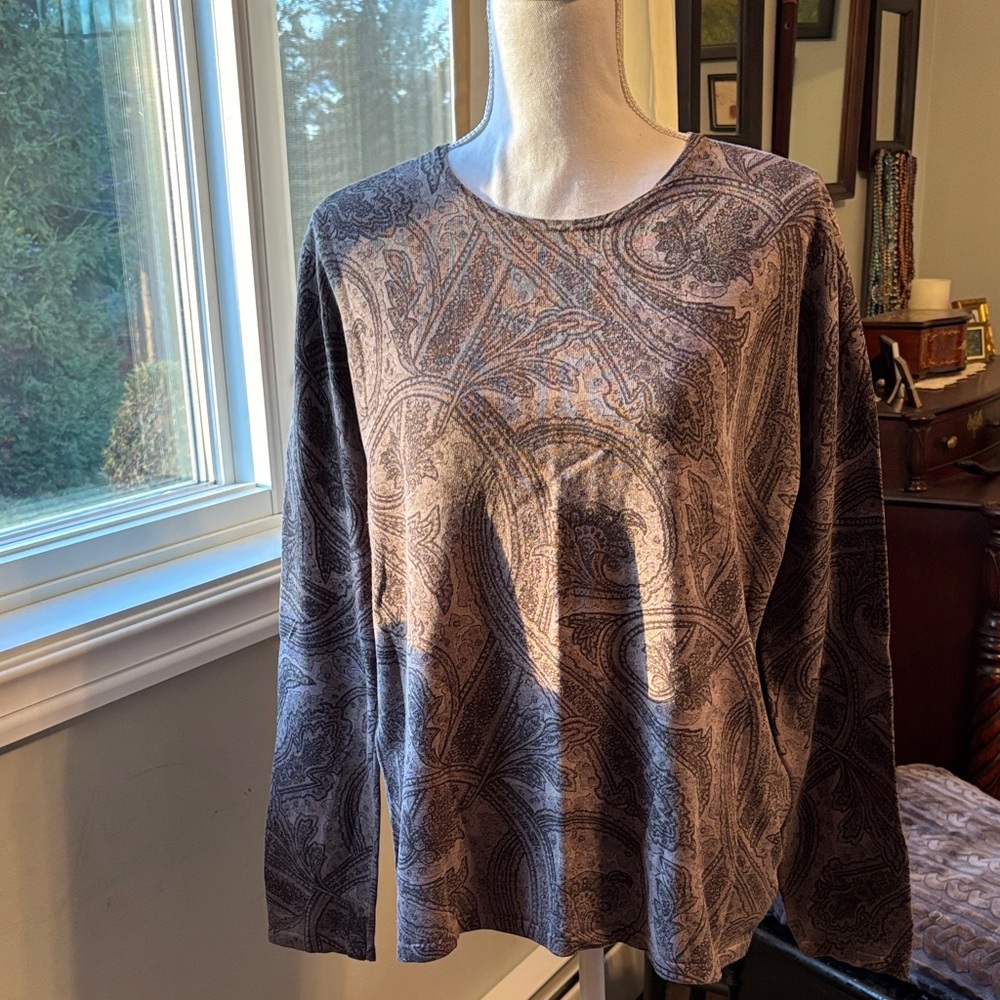 Jones New York Paisley Crew Neck Sweater - Gray and Brown
